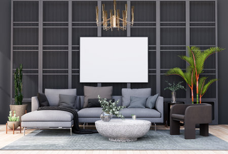 Mock up poster frame in modern interior fully furnished rooms background, living room,  for text message or content. 3D rendering,  3D Illustrationの写真素材