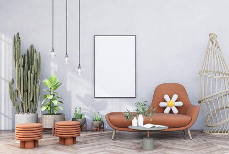 Mock up poster frame in modern interior fully furnished rooms background, living room,  for text...