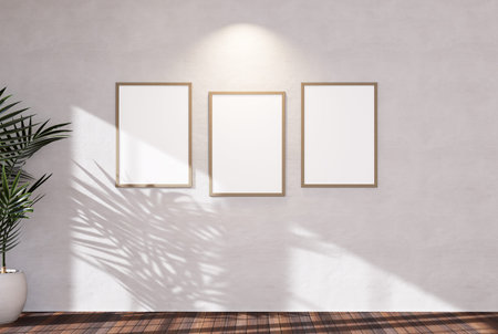 Empty room with sunlight window create leaf shadow on wall with blur indoor green plant foreground....
