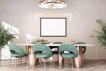 Mock up poster frame in modern interior background, dinning room, there are decorations.,...