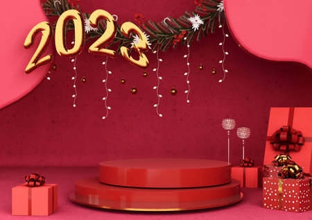 Happy new year 2023 text typography design with podium for product display. 3D rendering illustration.の写真素材