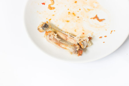close up of chicken  bone on the white dish with with waste food  isolate background , waste food , chicken bone isolated white , copy space , with sweet sauceの写真素材