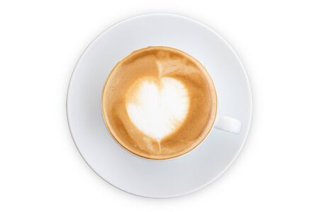 Latte coffee cup. Latte coffee cup top view isolated on white background.の写真素材