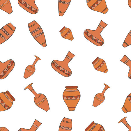 Seamless pattern with clay pots on a white backgroundの素材