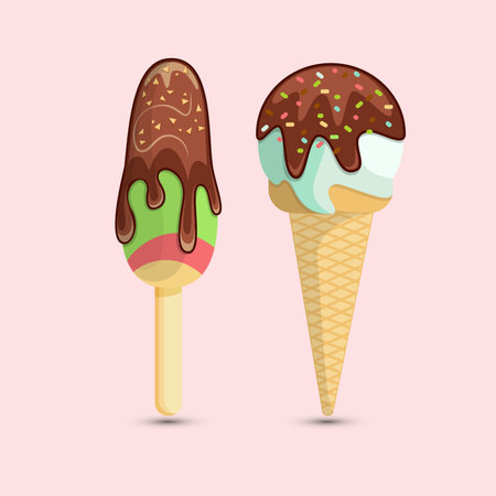 Ice cream with chocolate and sprinkles on a stick. Vector illustration.のイラスト素材