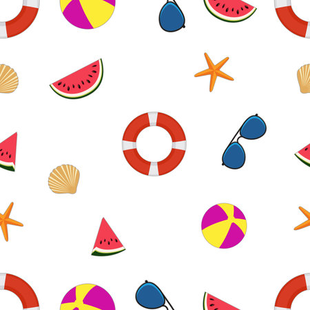 Seamless summer pattern. Vector background with watermelon, starfish, sunglasses and seashells.のイラスト素材