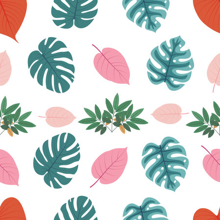 Seamless pattern with tropical leaves. Hand drawn vector illustration.のイラスト素材