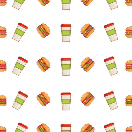 Seamless pattern with fast food. Hamburger, cup of coffee.のイラスト素材