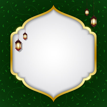 Green and gold frame decorated with simple Islamic lightsのイラスト素材