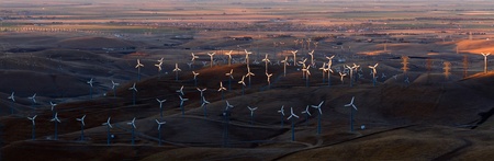 Wind Turbines in Altamont Pass Wind Farm at Sunset, California の写真素材