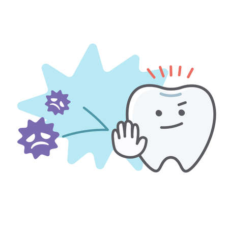 Simple and cute illustration of teeth and gums that suffer from dental plaqueのイラスト素材
