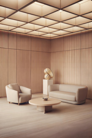 Interior of modern living room with beige and wooden walls, wooden floor, beige sofas and round coffee table. 3d renderingの素材