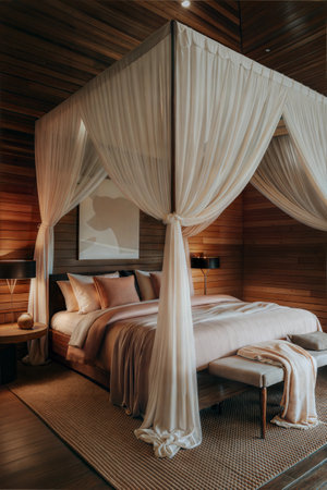 Luxury hotel bedroom interior with wooden bed and white curtains.の素材