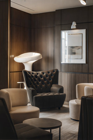 Interior design of a hotel lobby with armchairs and coffee tablesの素材