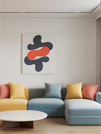 Interior of modern living room with blue sofa and orange pillowsの素材