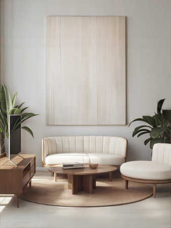 Interior of modern living room with white walls, concrete floor, comfortable sofa and wooden coffee table. Vertical mock up poster frame. 3d renderingの素材