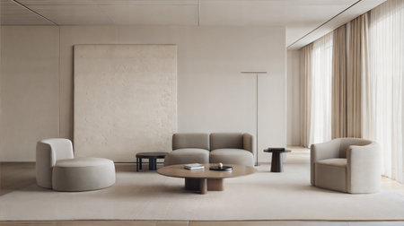 Modern living room interior with a concrete wall, beige sofas and a coffee table. 3d rendering mock upの素材