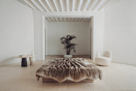 Interior of a modern living room with white walls and tiled floorの素材