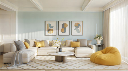 interior of modern living room with yellow sofa, 3d renderの素材