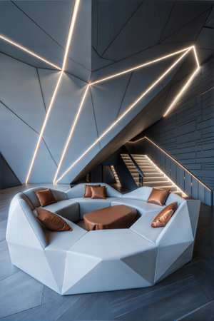 Interior of modern luxury hotel reception hall with white walls, concrete floor and round tables with brown pillows. 3d renderingの素材