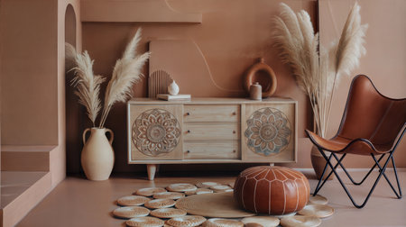 Cozy living room interior with wooden cupboard, armchair and vase with dried flowersの素材