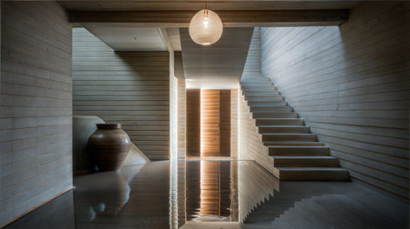 interior of a modern house, interior design with wooden stairs and lightingの素材