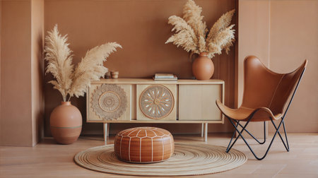 Modern living room interior design with wooden commode, armchair and pampas grass.の素材
