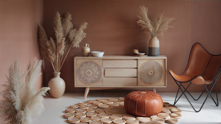 Interior of modern living room with wooden commode, armchair and pampas grassの素材
