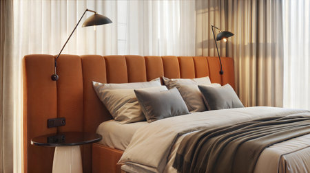 Comfortable bed with soft pillows in modern bedroom. Interior designの素材