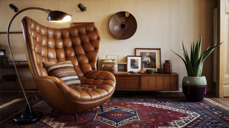 Interior of a living room with a brown leather armchair.の素材