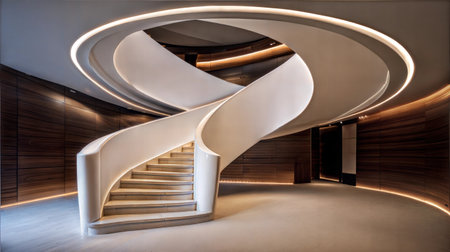 Spiral staircase in the lobby of a modern office building.の素材