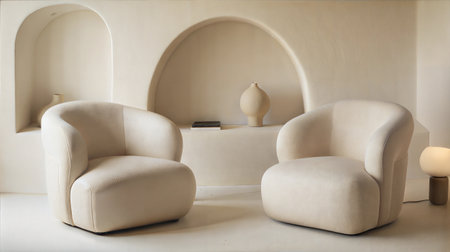 White armchairs in the interior of a modern living room, nobodyの素材