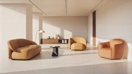 Interior of modern living room with white walls, concrete floor, beige armchairs and coffee table. 3d renderingの素材
