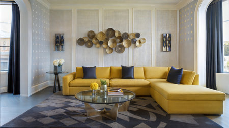 Luxury living room interior design with yellow sofa and coffee tableの素材