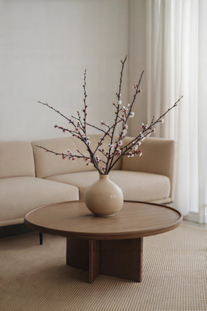 Plum blossom in vase on table in living room.の素材