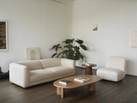 interior of a modern living room, sofa, coffee table and plantsの素材