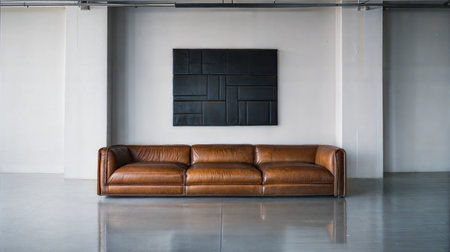 Interior of a modern living room with a brown leather sofa and a black wallの素材