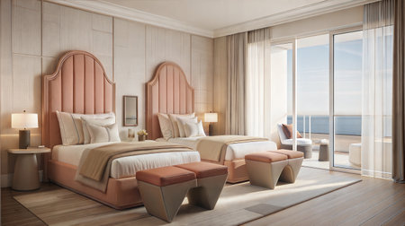 3d rendering bedroom in luxury hotel or apartment with sea view.の素材