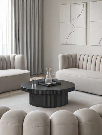 Modern living room interior with sofa and coffee table. 3d renderの素材