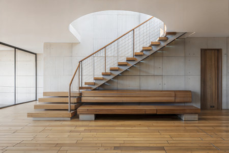 Interior of modern office building with wooden stairs, 3d renderの素材
