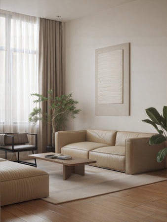 Living room interior design with beige sofa, coffee table and plant. 3d renderの素材