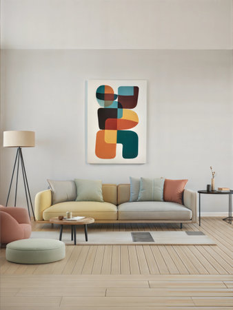 Interior of modern living room with beige sofa, coffee table and colorful paintingsの素材