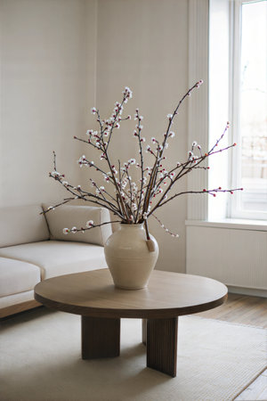 Flowers in a vase on a wooden table in the living roomの素材