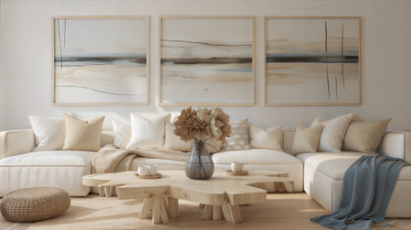 Living room interior design with sofa, coffee table and mirror. 3d renderの素材