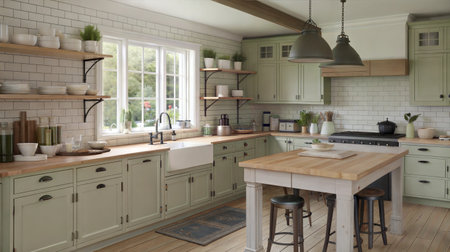 interior of modern kitchen with green tiled walls and wooden floorの素材
