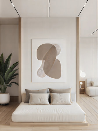 Minimalistic bedroom interior with white walls, wooden floor, comfortable white bed with pillows and a poster on the wall. 3d rendering mock upの素材