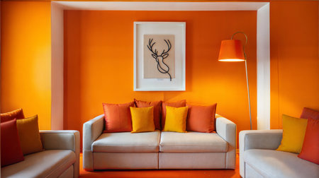 Interior of modern living room with orange sofa and orange pillowsの素材