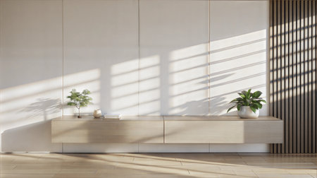 Interior of modern living room with white walls, tiled floor, wooden cabinet and plant pots. 3d renderingの素材