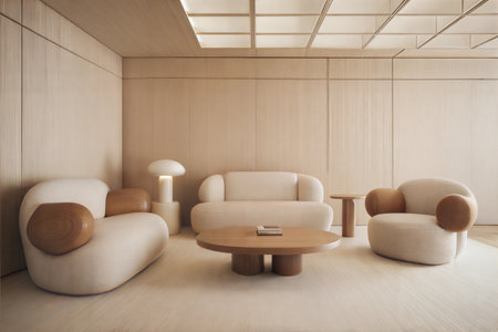 Interior of modern living room with wooden walls, wooden floor, beige sofa and round coffee table. 3d renderingの素材