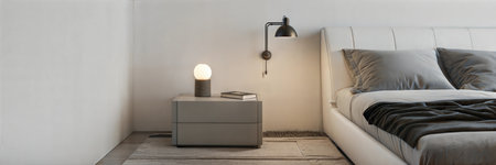 Cozy bedroom interior with bed and lamp, panoramic bannerの素材